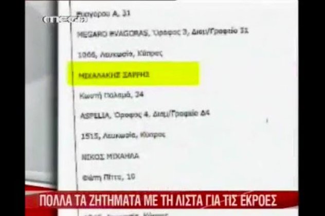 Κύπρος: Tο Μέγκα... έδειξε την κόρη του προέδρου Έλσα Ν. Αναστασιάδη και τον πρώην Υπουργό Σαρρή ότι έβγαλαν χρήματα στο εξωτερικό πριν την συμφωνία! (βίντεο)‏ - Κυρίως Φωτογραφία - Gallery - Video