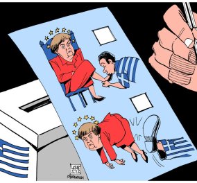Η Telegraph και η γελοιογραφία της για τις ελληνικές εκλογές: Κλωτσιά στην Μέρκελ έδωσαν οι Έλληνες! (σκίτσο)