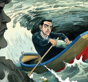 Καυστικό σκίτσο του Economist: Ο Τσίπρας θαλασσοδέρνεται σε βαρκούλα & η Μέρκελ τον κοιτά ως ''άγριος''Ποσειδώνας