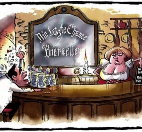 Aπίθανο σκίτσο της Τelegraph για Τσίπρα - 'Ανγκελα: Η barwoman Μέρκελ κερνάει & ο Αλέξης πίνει