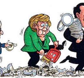 Καυστικό σκίτσο της Telegraph: Ο ''γλετζές'' Τσίπρας σπάει πιάτα, η Μέρκελ μαζεύει & ο Ολάντ τα κολλάει