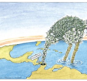 Καυστικό σκίτσο του Ηλία Μακρή για τα Panama Papers: O τυφώνας δολλαριών που.. γίνεται νομίσματα 