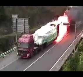 Βίντεο που κόβει την ανάσα: Ψύχραιμος οδηγός καταφέρνει & βγάζει φλεγόμενο φορτηγό από τούνελ!