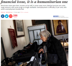 Independent: Οι Έλληνες είναι αντιμέτωποι με μια κοινωνική και ανθρώπινη καταστροφή 