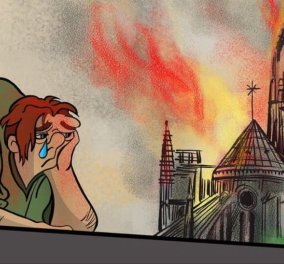 Ο Κουασιμόδος «κλαίει» σκυμμένος πάνω από την Παναγία των Παρισίων – Σκίτσα που φέρνουν ρίγη συγκίνησης