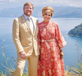 Η Μάξιμα και ο βασιλιάς της σε ταξίδι τους στην Ινδονησία: Η βασίλισσα της Ολλανδίας με floral φόρεμα, καπέλο και γάντια (φωτό)