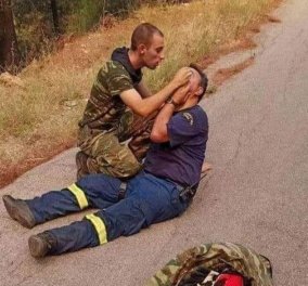 "Όσο υπάρχουν άνθρωποι" :  Συγκλονιστικό  κλικ με στρατιώτη που δίνει τις πρώτες βοήθειες σε πυροσβέστη - Όταν το ανθρώπινο μεγαλείο γίνεται viral (φώτο) 