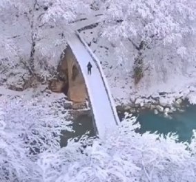 Viral η Ελλάδα του χειμερινού τουρισμού με τον φακό του περίφημου Spathumpa - από ψηλά η γέφυρα, το ποτάμι, τα λευκά δέντρα (βίντεο)