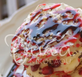 Ντίνα Νικολάου: Κρέμα ροδιού σε τραγανά φύλλα κρούστας με σος γρεναδίνης και λιωμένη σοκολάτα