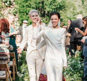 O γάμος δύο διάσημων γυναικών, φωτό στην Vogue: Το νυφικό της νύφης & το γαμπριάτικο κοστούμι της άλλης νύφης - Η Drag Queen Celin Dion