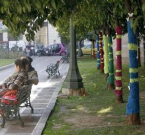 Πως το κέντρο της Αθήνας γέμισε με παγκάκια που ντύθηκαν με πλεκτά και πολύχρωμα ζεστά πουλόβερ για τους... κορμούς των δέντρων; (Φωτό)  - Κυρίως Φωτογραφία - Gallery - Video
