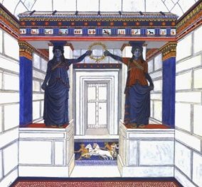 Αμφίπολη: Το αριστούργημα της πύλης των Καρυάτιδων - Δείτε πως ήταν με χρώμα η πύλη του τάφου - Δημιούργημα του ζωγράφου Γ. Γερολυμάτου!
