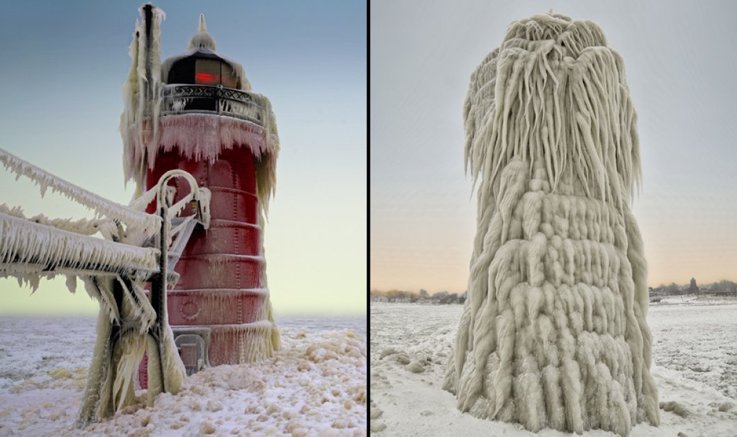 22/1/2015 - Εκπληκτική φωτό από το πριν και το μετά ενός φάρου στο South Haven του Michigan - Πάγωσε και μετατράπηκε σε... έργο τέχνης! Picture: Mike Kline / Barcroft
