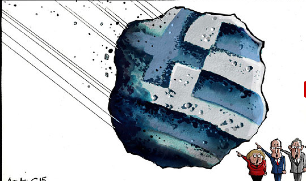 30/6/2015 - Αστεροειδής πέφτει σε Μέρκελ, Ολάντ & Γιούνκερ: Το σκίτσο που ''τα σπάει''