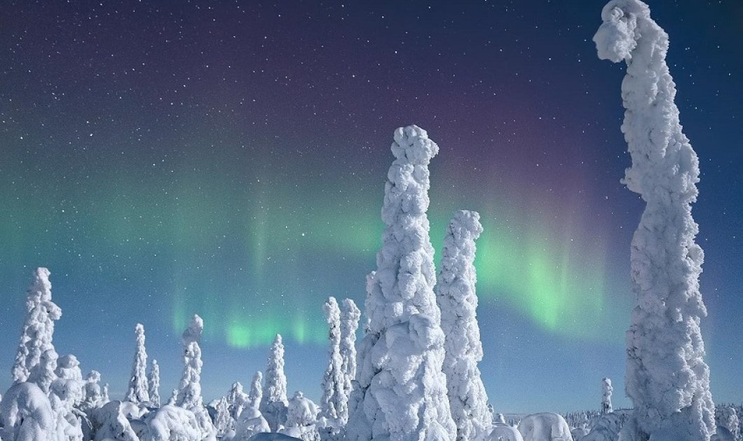Φωτό ημέρας από την Σουηδία - η Aurora και ο μαγικός ουρανός, τα χιονισμένα δέντρα/κλικ από @winbjorkphoto