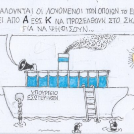 Το σκίτσο του ΚΥΡ: Παρακαλούνται οι λουόμενοι των οποίων το επίθετο αρχίζει από Α έως Κ να προσέλθουν στο σκάφος για να...